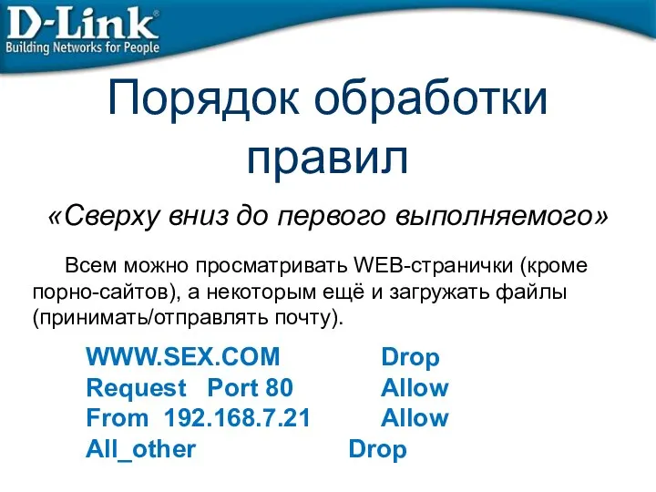 Порядок обработки правил WWW.SEX.COM Drop Request Port 80 Allow From 192.168.7.21 Allow All_other