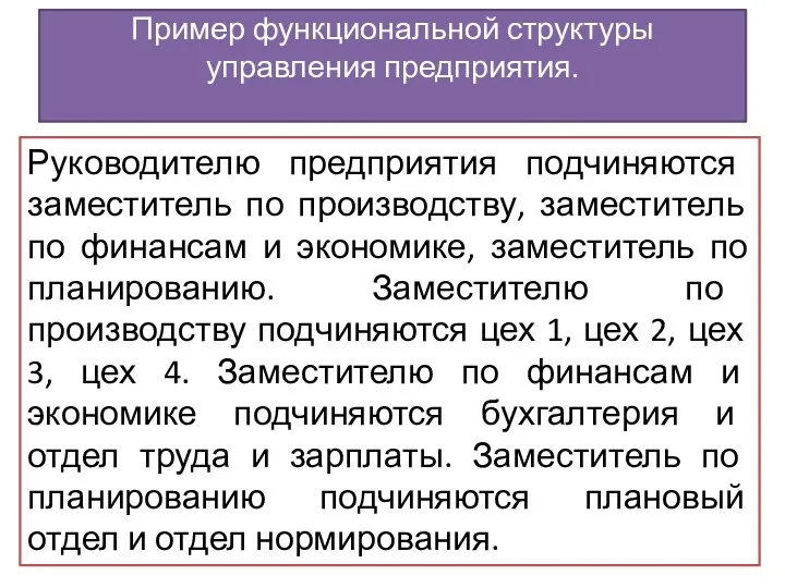 Руководителю предприятия подчиняются заместитель по производству, заместитель по финансам и