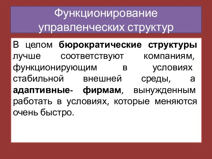 В целом бюрократические структуры лучше соответствуют компаниям, функционирующим в условиях стабильной внешней среды,