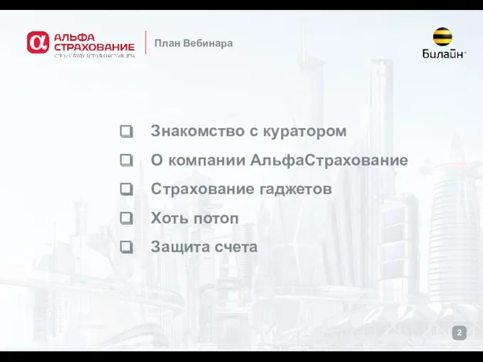 План Вебинара Знакомство с куратором О компании АльфаСтрахование Страхование гаджетов Хоть потоп Защита счета