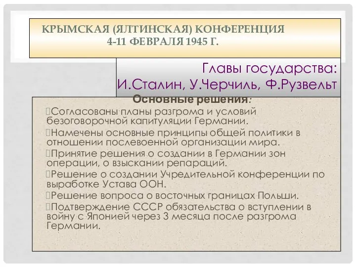 КРЫМСКАЯ (ЯЛТИНСКАЯ) КОНФЕРЕНЦИЯ 4-11 ФЕВРАЛЯ 1945 Г. Главы государства: И.Сталин,