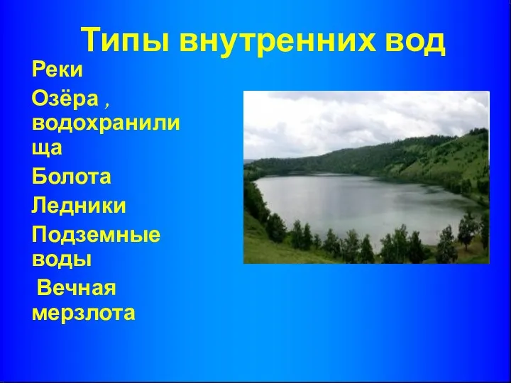 Типы внутренних вод Реки Озёра , водохранилища Болота Ледники Подземные воды Вечная мерзлота