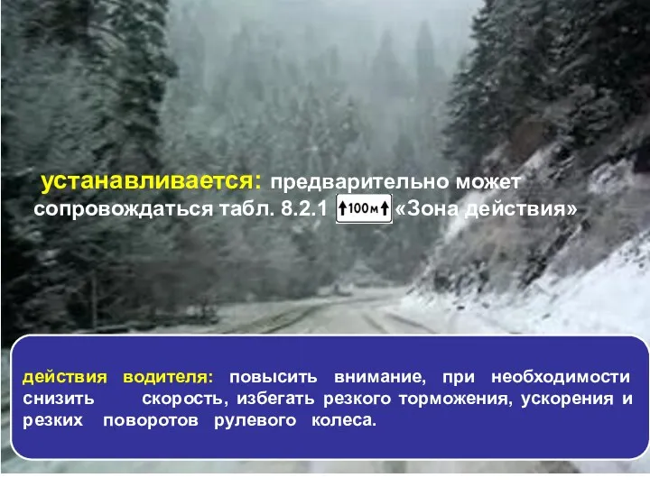 устанавливается: предварительно может сопровождаться табл. 8.2.1 «Зона действия» действия водителя: повысить внимание, при