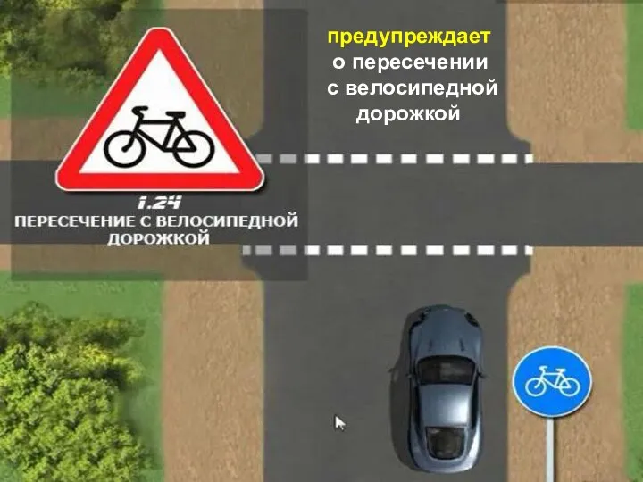 предупреждает о пересечении с велосипедной дорожкой