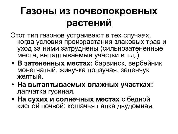 Газоны из почвопокровных растений Этот тип газонов устраивают в тех