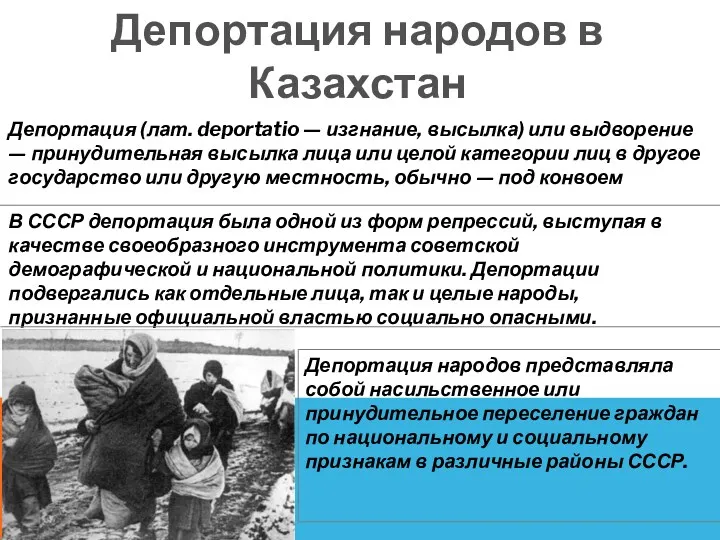 Депортация народов в Казахстан Депортация (лат. deportatio — изгнание, высылка) или выдворение —