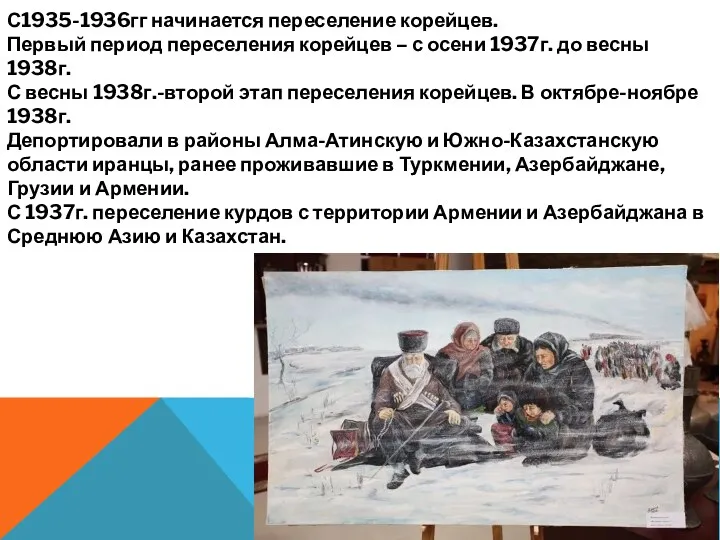 С1935-1936гг начинается переселение корейцев. Первый период переселения корейцев – с осени 1937г. до