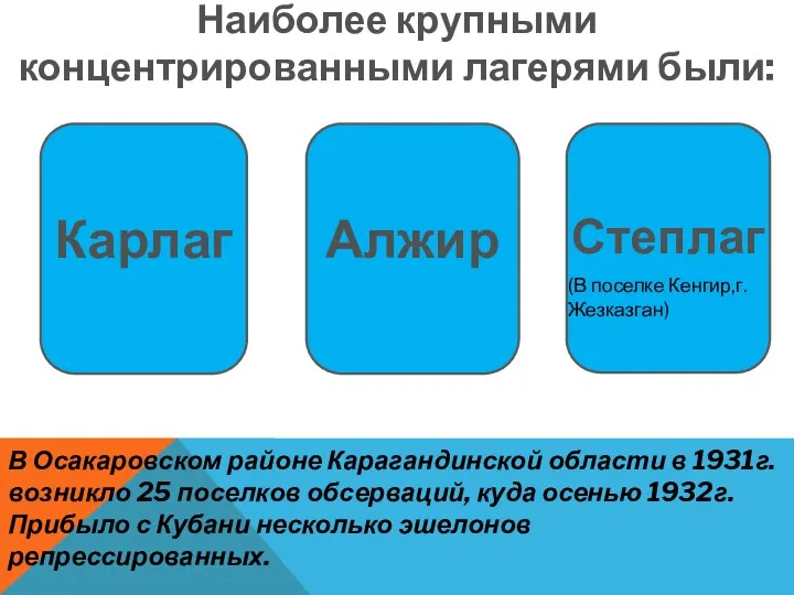 Наиболее крупными концентрированными лагерями были: Карлаг Алжир Степлаг (В поселке Кенгир,г.Жезказган) В Осакаровском