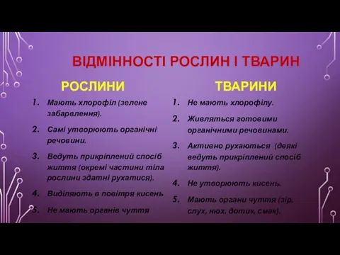 ВІДМІННОСТІ РОСЛИН І ТВАРИН РОСЛИНИ Мають хлорофіл (зелене забарвлення). Самі