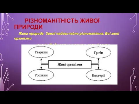 РІЗНОМАНІТНІСТЬ ЖИВОЇ ПРИРОДИ Жива природа Землі надзвичайно різноманітна. Всі живі