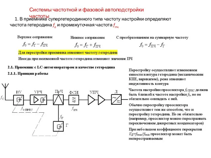 Системы частотной и фазовой автоподстройки частоты 1. В приемнике супергетеродинного