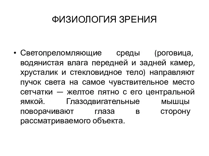 ФИЗИОЛОГИЯ ЗРЕНИЯ Светопреломляющие среды (роговица, водянистая влага передней и задней