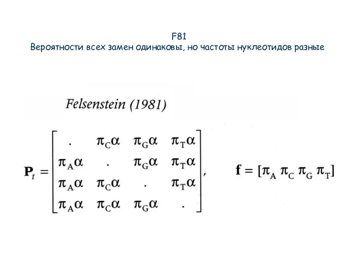 F81 Вероятности всех замен одинаковы, но частоты нуклеотидов разные