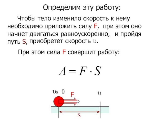 Определим эту работу: υ υ0=0 S Чтобы тело изменило скорость