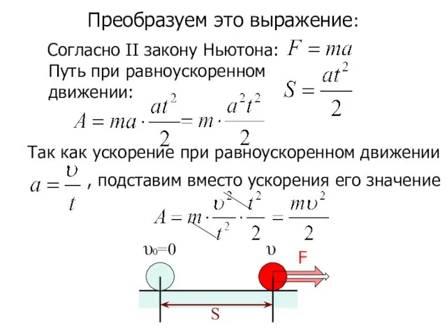 Преобразуем это выражение: υ υ0=0 S Согласно II закону Ньютона: