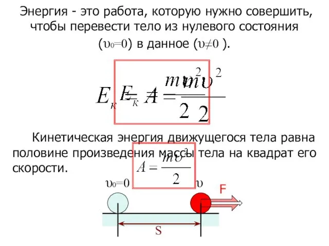 υ υ0=0 S F Кинетическая энергия движущегося тела равна половине