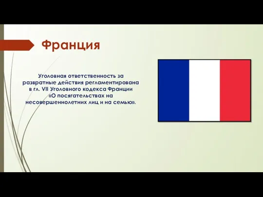 Франция Уголовная ответственность за развратные действия регламентирована в гл. VII Уголовного кодекса Франции