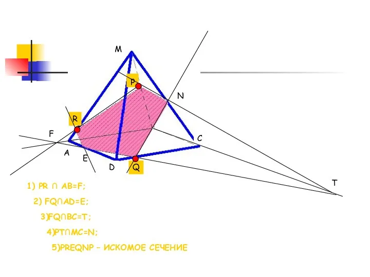 F T 1) PR ∩ AB=F; 2) FQ∩AD=E; 3)FQ∩BC=T; 4)PT∩MC=N; 5)PREQNP – ИСКОМОЕ СЕЧЕНИЕ Е N