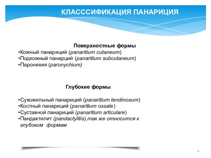 КЛАСССИФИКАЦИЯ ПАНАРИЦИЯ Пoверхностные формы Кожный панариций (panaritium cutaneum) Подкожный панарций