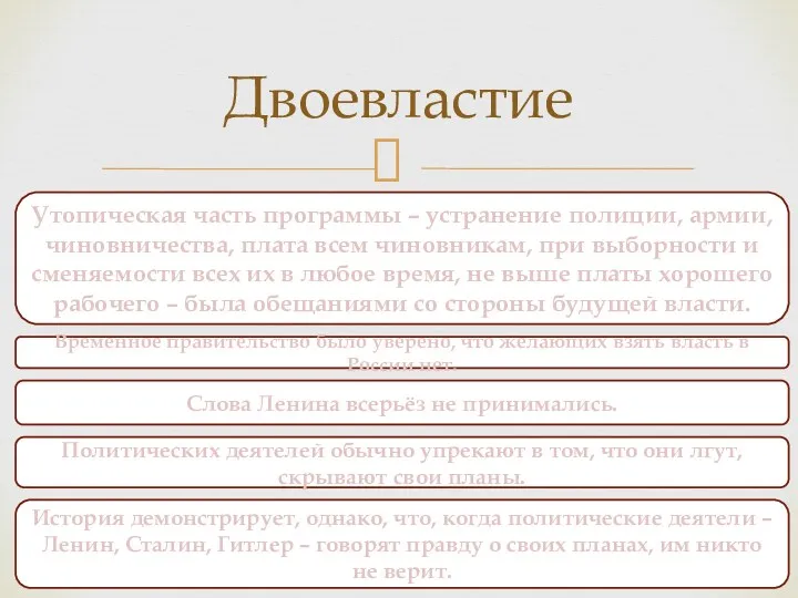 Двоевластие Утопическая часть программы – устранение полиции, армии, чиновничества, плата