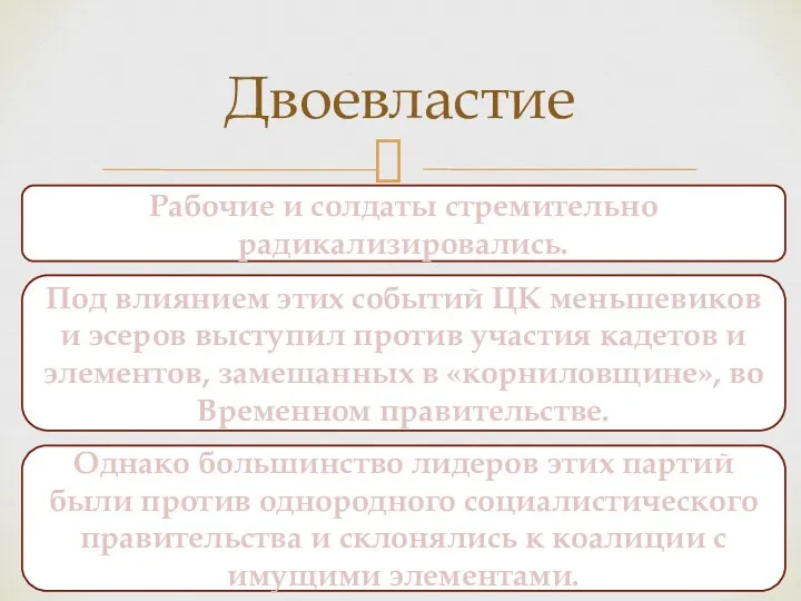 Двоевластие Рабочие и солдаты стремительно радикализировались. Под влиянием этих событий