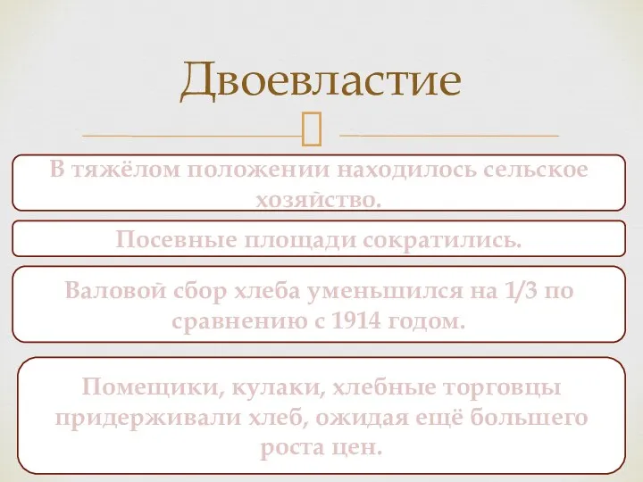 Двоевластие В тяжёлом положении находилось сельское хозяйство. Посевные площади сократились.