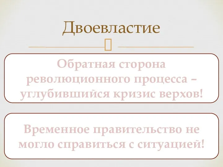 Двоевластие Обратная сторона революционного процесса – углубившийся кризис верхов! Временное правительство не могло справиться с ситуацией!