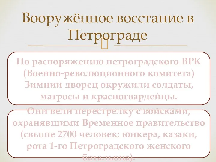 Вооружённое восстание в Петрограде По распоряжению петроградского ВРК (Военно-революционного комитета)