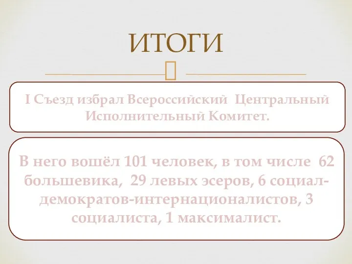 ИТОГИ I Съезд избрал Всероссийский Центральный Исполнительный Комитет. В него