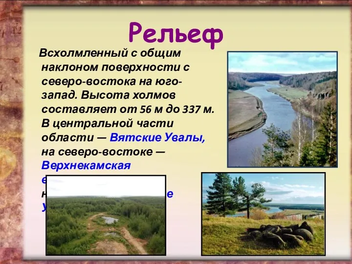 Рельеф Всхолмленный с общим наклоном поверхности с северо-востока на юго-запад.