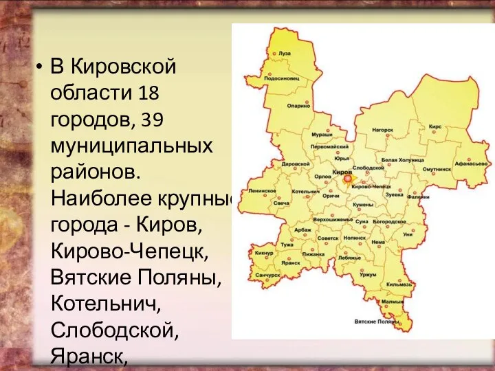 В Кировской области 18 городов, 39 муниципальных районов. Наиболее крупные