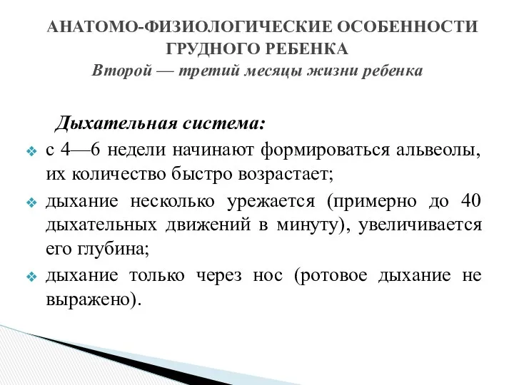 Дыхательная система: с 4—6 недели начинают формироваться альвеолы, их количество