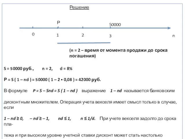 Решение S = 50000 руб., n = 2, d = 8% Р =