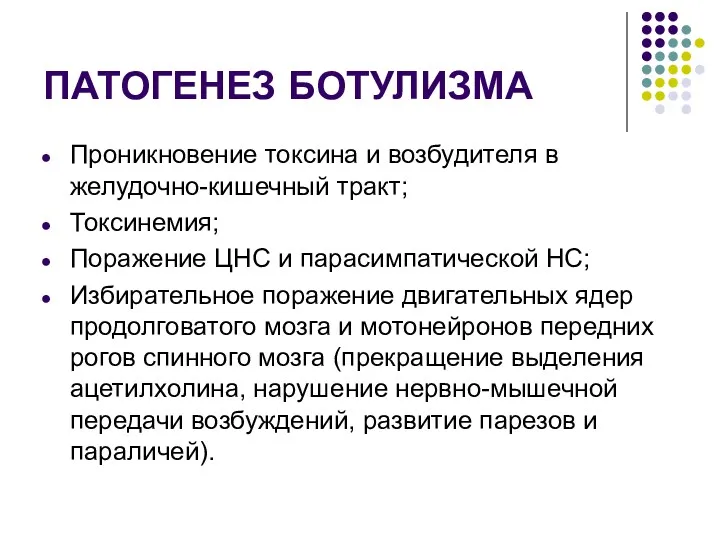 ПАТОГЕНЕЗ БОТУЛИЗМА Проникновение токсина и возбудителя в желудочно-кишечный тракт; Токсинемия;