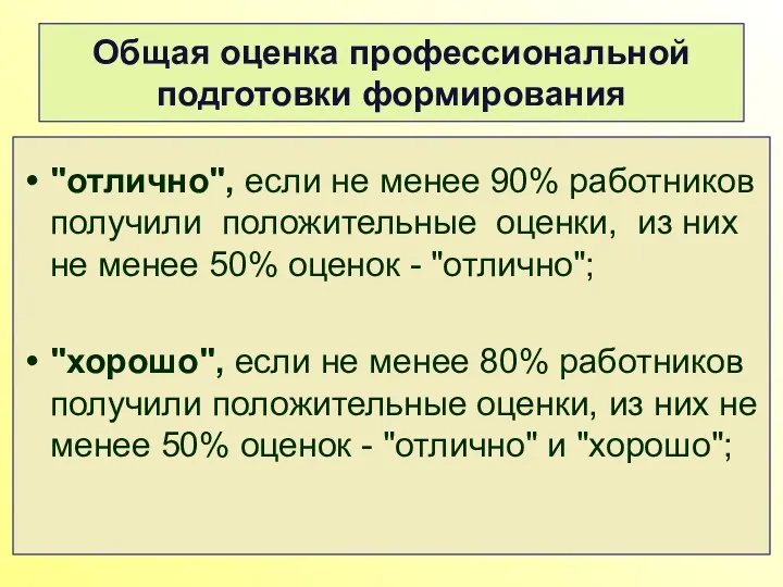 Общая оценка профессиональной подготовки формирования "отлично", если не менее 90%