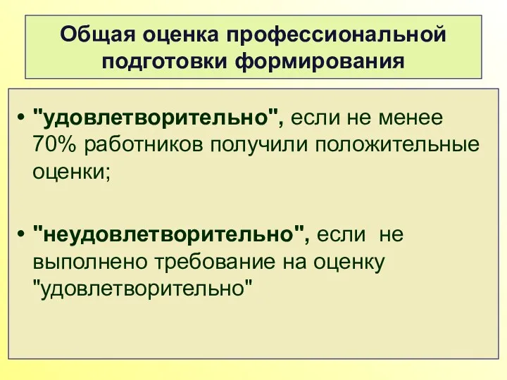 Общая оценка профессиональной подготовки формирования "удовлетворительно", если не менее 70%