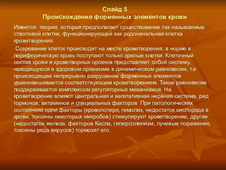 Слайд 5 Происхождение форменных элементов крови Имеется теория, которая предполагает