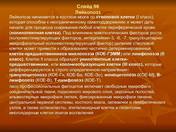 Слайд 96 Лейкопоэз Лейкопоэз начинается в костном мозге со стволовой