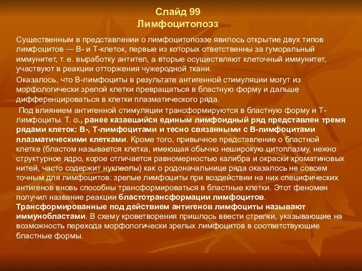 Слайд 99 Лимфоцитопоэз Существенным в представлении о лимфоцитопоэзе явилось открытие