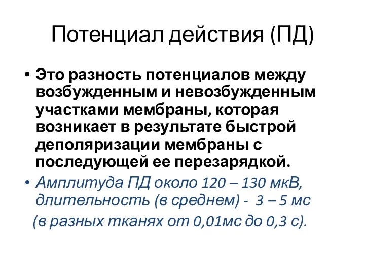 Потенциал действия (ПД) Это разность потенциалов между возбужденным и невозбужденным