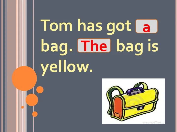 Tom has got bag. bag is yellow. a The
