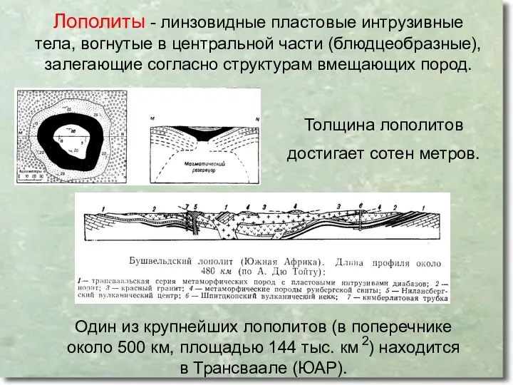 Лополиты - линзовидные пластовые интрузивные тела, вогнутые в центральной части