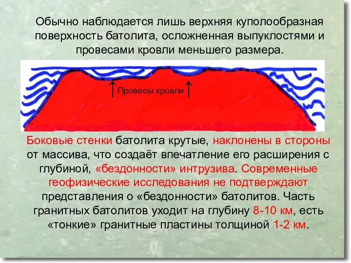 Обычно наблюдается лишь верхняя куполообразная поверхность батолита, осложненная выпуклостями и