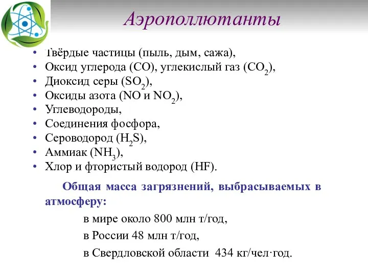 Аэрополлютанты Твёрдые частицы (пыль, дым, сажа), Оксид углерода (CO), углекислый