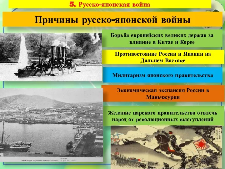 5. Русско-японская война Причины русско-японской войны Борьба европейских великих держав