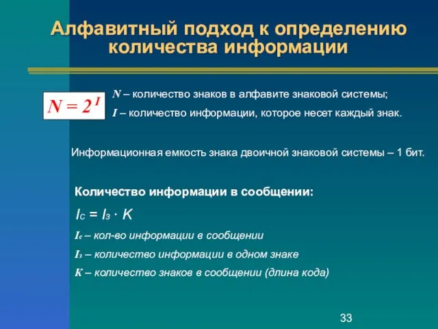 Алфавитный подход к определению количества информации N = 2 I N – количество