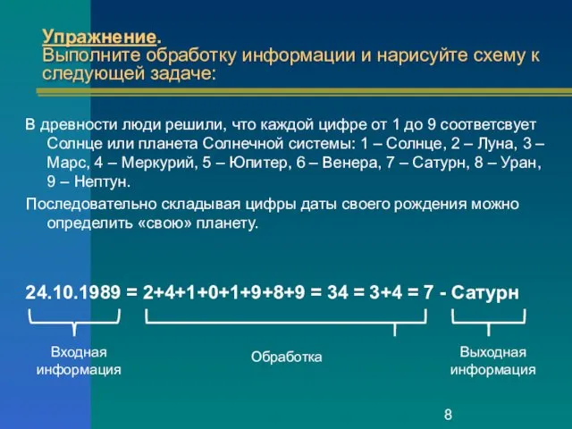 Упражнение. Выполните обработку информации и нарисуйте схему к следующей задаче: В древности люди