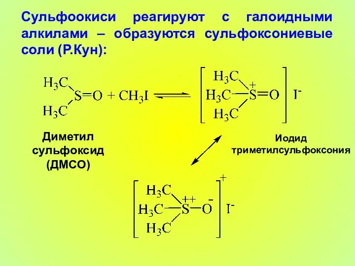 Сульфоокиси реагируют с галоидными алкилами – образуются сульфоксониевые соли (Р.Кун): Диметил сульфоксид (ДМСО) Иодид триметилсульфоксония