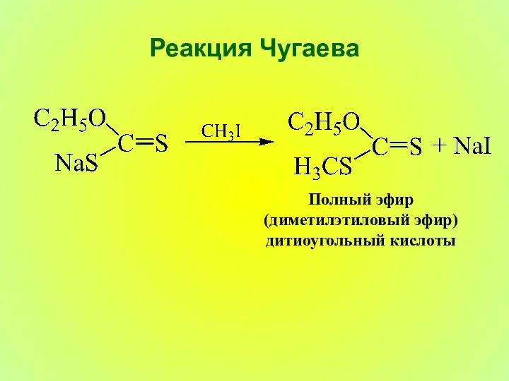 Реакция Чугаева Полный эфир (диметилэтиловый эфир) дитиоугольный кислоты