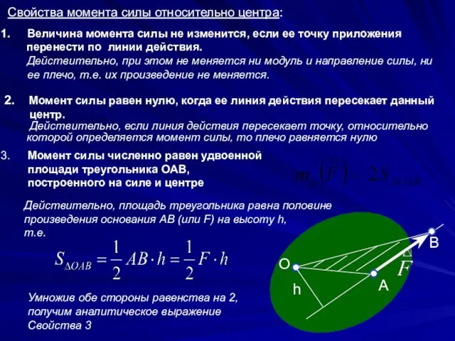 Момент силы численно равен удвоенной площади треугольника ОАВ, построенного на силе и центре